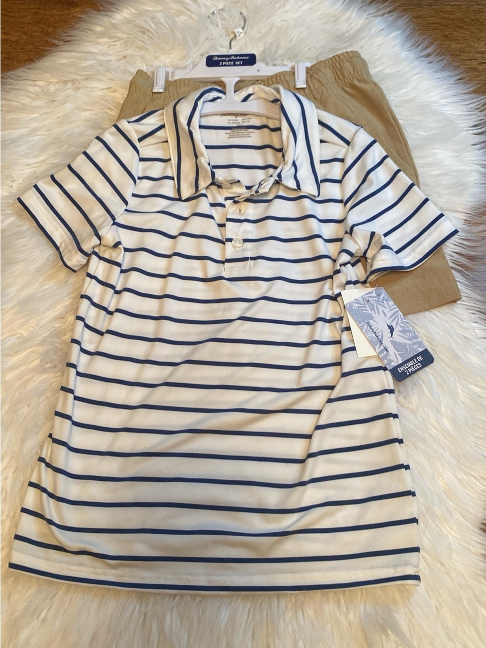 NWT Tommy Bahama White Polo with Navy Stripes and Tan Shorts Set 5T